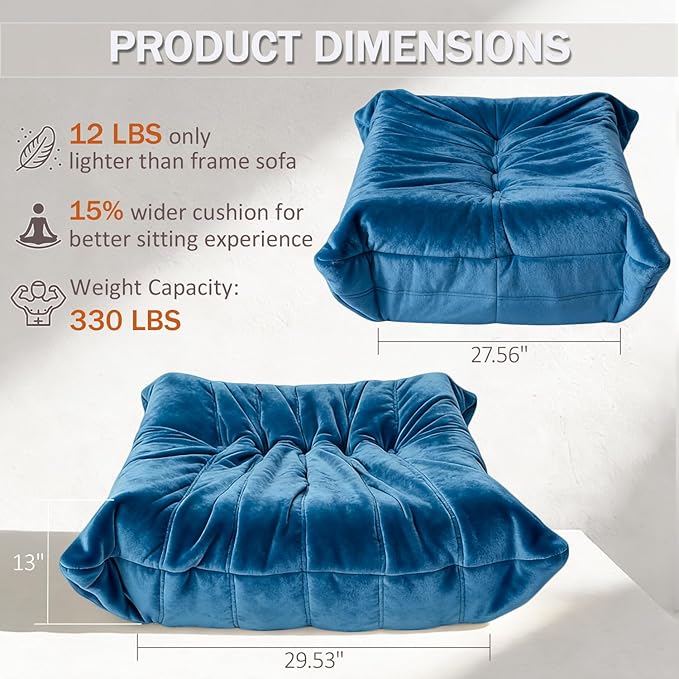 Trenda Extra Large 29.5"x27.5" Velvet Ottoman - Soft Foot Rest, Bean Bag Chair Compatible Accent Ottoman, Independent Use Extra Seat for Living Room Bedroom (Blue)