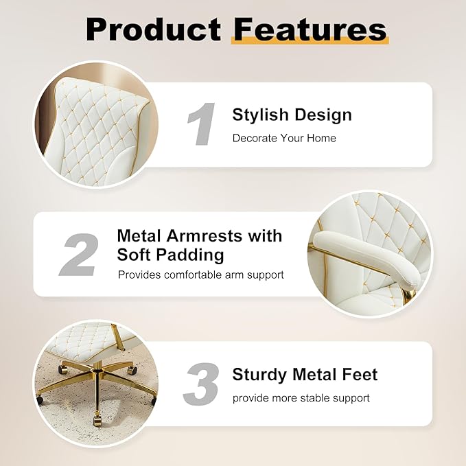 Furniliving White and Gold Office Chair, Leather Office Chairs, Adjustable Vanity Chair with Golden Legs and Padded Armrest, Modern Upholstered Computer Chair with Wheels,White