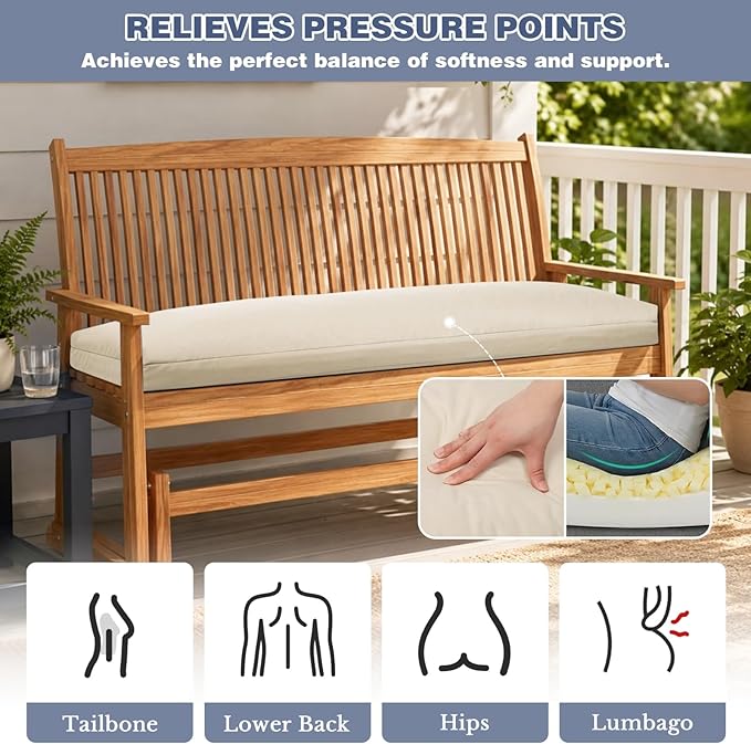 baibu 45Inch Outdoor Bench Cushion Waterproof, Bench Cushions for Outdoor Furniture, Dual-Layer Memory Foam atio Furniture Cushions, Porch Swing Seat Pad with Washable Cover & Ties, 45x16x3, Beige