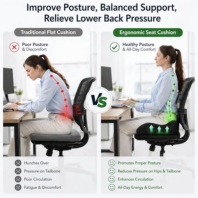 CXC Memory Foam Seat Cushions for Office Chair – Pressure Relief Seat Cushion for Desk Chair, Car, Wheelchair, Hip & Tailbone Pain Relief Cushion for Long Sitting, Non-Slip (Black - Breathable Mesh)