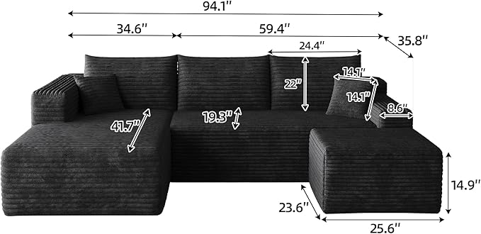 94" Black Fluffy Couch with Ottoman for Living Room, Corduroy No Bones Sectional Couch,Compressed Memory Foam Cloud Sofa,No Assembly Required,Left Facing Chaise,Black