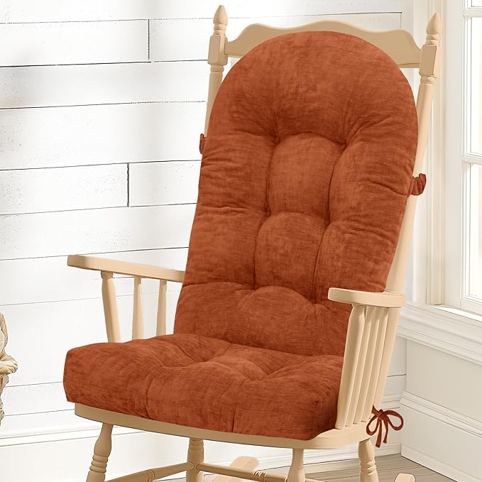 Rocking Chair Cushion - Chenille Fabric, High-Density Sponge, Durable Comfort Non-Slip Bottom Tufted Seat Pads with Ties, Chenille︱Amberglow, 44x19x4 inch