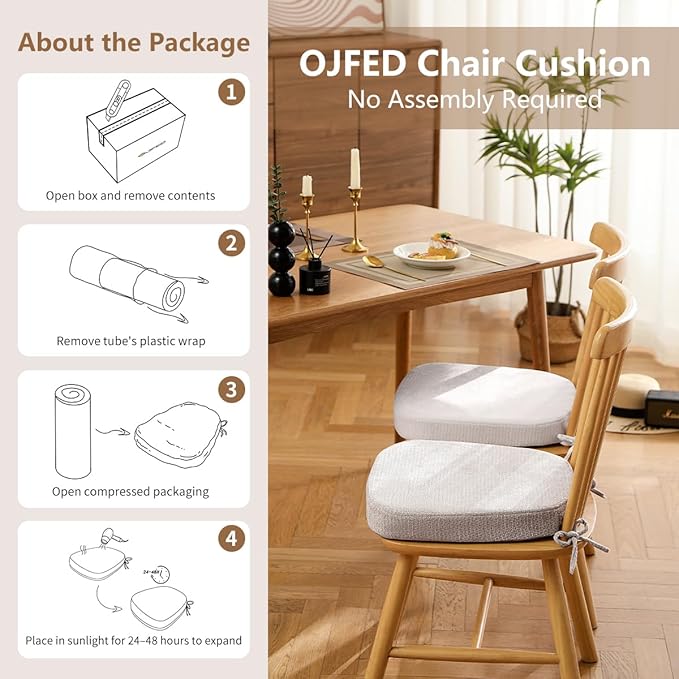 D-Shaped Chair Cushions for Dining Chairs, 2.5” Thick Chair Pads with Washable Comfortable Textured Cover, Non Slip Kitchen Chair Cushions with Ties, 16.5" x 16.5", 4 Pack, Creamy White