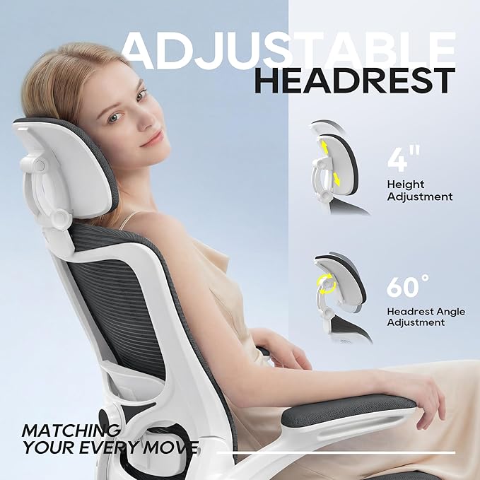 Office Chair, Ergonomic Mesh Desk Chair with Adjustable Lumbar Support and Headrest, Flip-up Armrests, High Back Computer Task Chair for Home and Executive Office (W-Dark Grey)