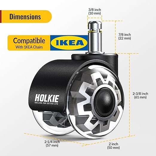 HOLKIE Office Chair Wheels 10x22mm 1KEA ONLY Casters 2 Inch Replacement, Grey Dual Rubber Smooth & Quiet Rolling Casters Wheels-Set of 5 for Hardwood Floors & Carpet Computer Gaming Desk Chair Wheels