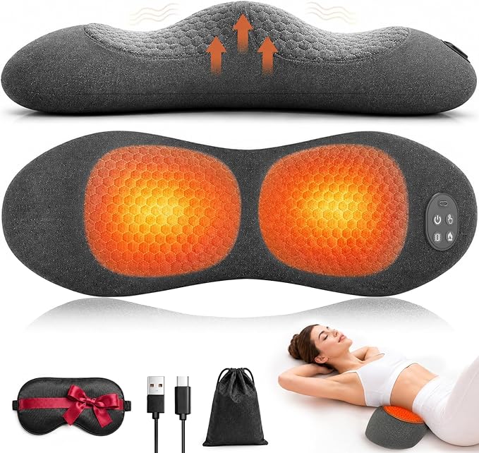 Cordless Lumbar Support Pillow for Pain Relief Deep Tissue, 3-in-1 Heated Lower Back Massager Pillow with 3000mAh Battery, Heat, Massage, Electric Stretch, Back Support Pillow for Office Chair Car