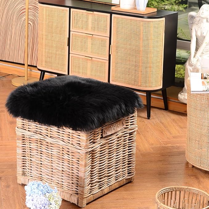 LLB Sheepskin Chair Cushion Non-Slip Back Square Genuine Fur Chair Cover Silky Natural Wool Seat Cushion Pad Soft Area Rugs Carpet for Home Office Restaurant Chair 18x18 Inch (Pack of 1), Black