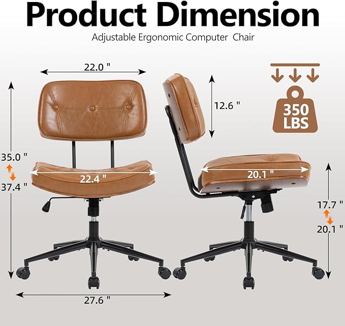 Walnut Armless Modern Office Desk Chair with Wheels, PU Leather Adjustable Height Swivel Rolling Task Chair, Ergonomic Criss Cross Legged Computer Chair (Brown)