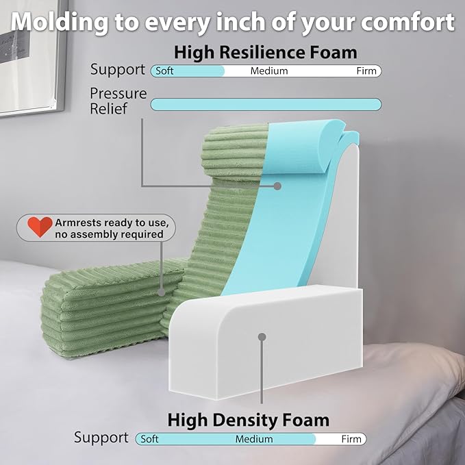 ENITYA 22" XL Reading Pillow with Armrests & Large Pockets, Supportive Back Pillow with Removable Cover, Ideal for Watching TV, Gaming, Resting, Sitting Up in Bedroom, Dorm, Sage Green