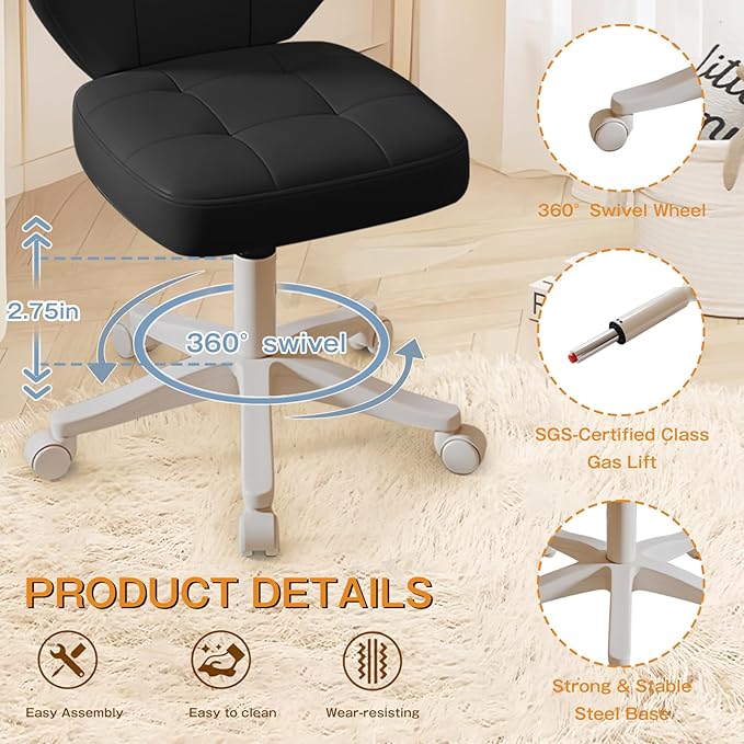 Vanity Chair with Back – Small Armless Office Chair with Wheels, Lumbar Support, PU Leather, Adjustable Height, 360° Swivel for Home, Bedroom, Office Black Set of 1