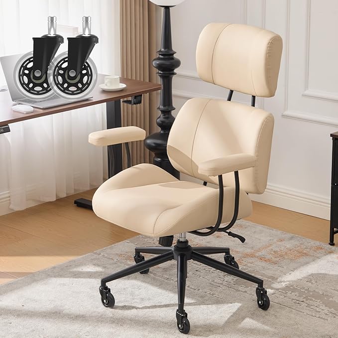 Office Chair, Ergonomic Computer Chair with Adjustable Headrest and Lumbar Support, Executive Leather Chair with Padded Arms, High Back Desk Chairs for Long Hours Sitting,Beige