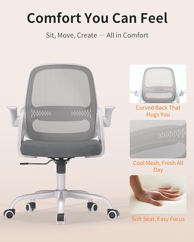 Ergonomic Mesh Office Chair with Flip-Up Arms, Adjustable Height, Breathable Mesh Back & Thick Cushion Seat, 360° Swivel Rolling Computer Desk Chair, BIFMA Certified, Supports 300 lbs (Gray)