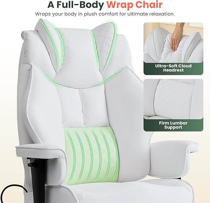 500lbs Big and Tall Office Chair Adjustable Lumbar Support, Extra Wide Seat Ergonomic Gaming Chair with Footrest, Heavy Duty High Back Executive Leather Computer Desk Chair (White)