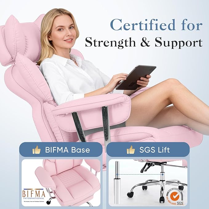 DUMOS Big and Tall Office Chair 350 LBS, Scratch-Resistant PU Leather Executive Office Desk Chair with Footrest, Ergonomic Reclining Computer Chair with Pocket Spring Support for Home Office, Pink