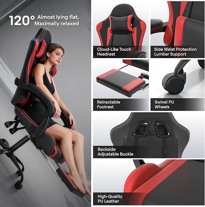 Athena Collection Ergonomic Gaming Chair with Footrest & Headrest Lumbar Support, Height Adjustable Swivel Office Chair Reclining Game Chair Leather High Back Computer Chair for Adults Kids, Red