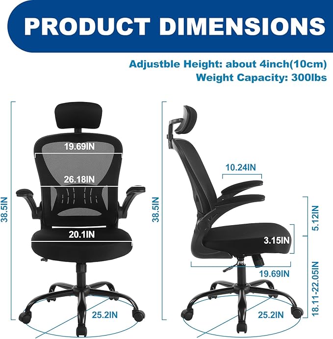 Youhauchair Mesh Office Chair, Ergonomic Computer Chair with Flip-up Arms and Lumbar Support, Height Adjustable Home Office Desk Chairs