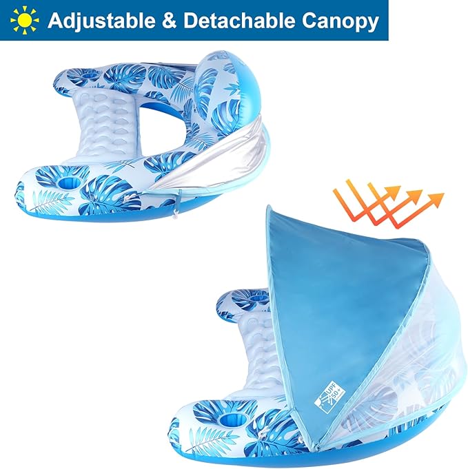 COOLCOOLDEE Pool Float with Canopy, Cup Holder - XL Pool Chair Lounge Float with Adjustable Sun Shade Cover, Drink Holder, Ergonomic Headrest,Inflatable Pool Float for Adults