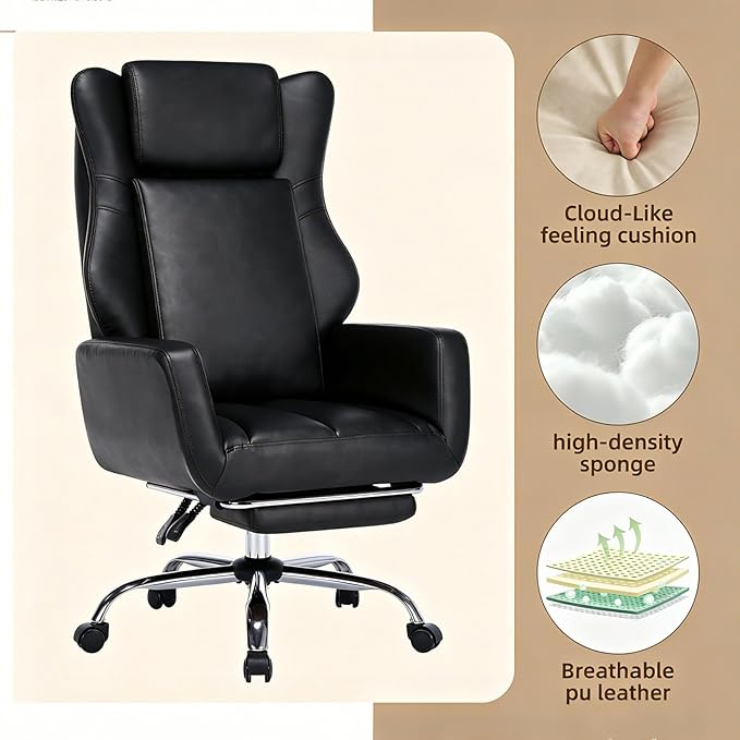 DYHOME Criss Cross Office Chair with Footrest, Executive Ergonomic Flip-Up Armrest Chair, Adjustable Reclining Computer Desk Chair for Working, Gaming, Relaxing, Black PU Leather