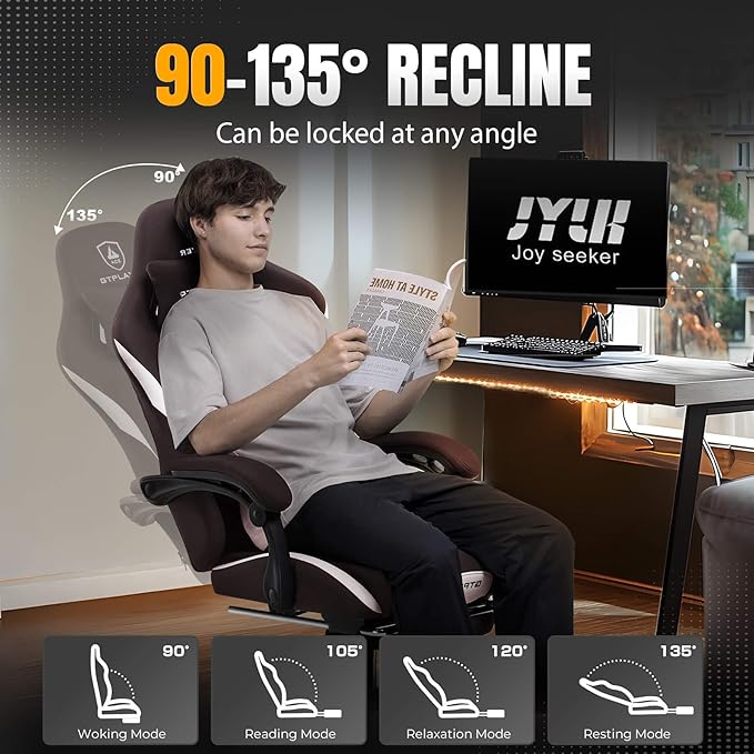 GTPLAYER Gaming Chair with Foot Rest & Pocket Spring Cushion, Ergonomic High Back Computer Desk Chair with Headrest & Lumbar Support for Back Pain Relief, Breathable Fabric, Brown