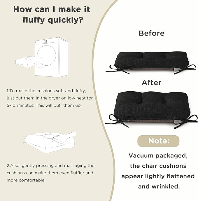 AddGrace Chair Cushions for Dining Chairs Set of 2 Kitchen Seat Cushions with Ties and Non Slip Backing Tufted Indoor Seat Pad for Kitchen Dining Room 18" x 17" x 3" Black