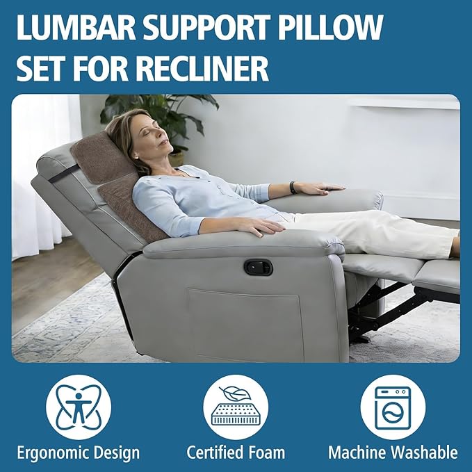 Lumbar Support Pillow for Recliner Chair with Headrest, Dual-Layer Large Back Pillow for Deep Couch & Sofa, Memory Foam Lower Back Support Cushion Set for Sciatica Relief Brown