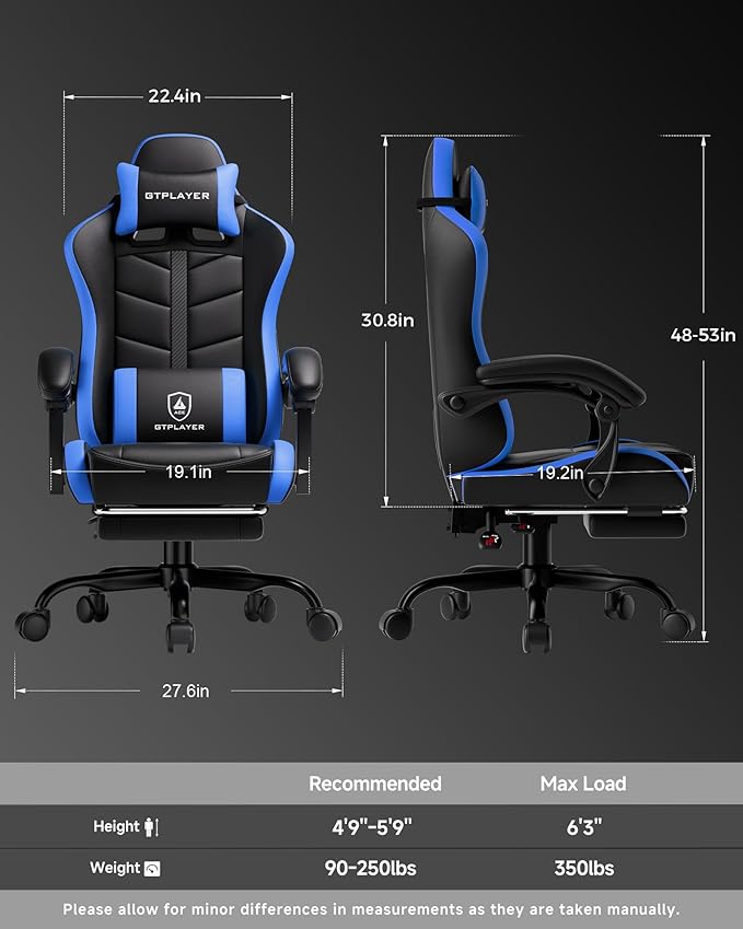 GTPLAYER Gaming Chair for Adults, Ergonomic Computer Gaming Chair with Footrest, Height Adjustable, 90-155° Recline & Removable Headrest Lumbar Support, Black&Blue