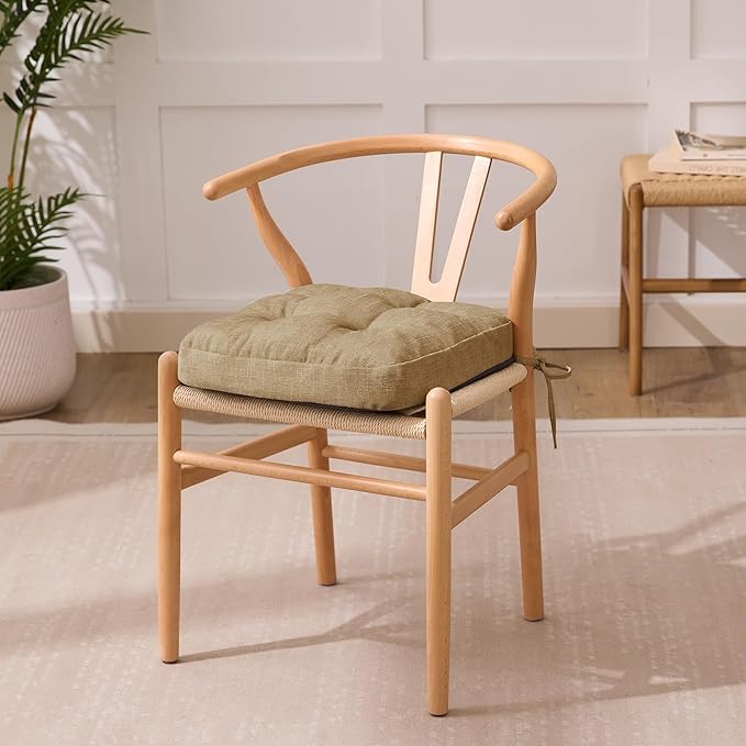 IASEAHK Chair Cushions for Dining Chairs, Dining Chair Cushions, Tufted Indoor Chair Pads with Ties & Non Slip Backing, Seat Cushions for Kitchen Chairs 16.5” x 16.5” x 3.5”, Set of 6, Khaki