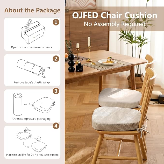 D-Shaped Chair Cushions for Dining Chairs, 2.5” Thick Chair Pads with Washable Comfortable Textured Cover, Non Slip Kitchen Chair Cushions with Ties, 16.5" x 16.5", 2 Pack, Beige