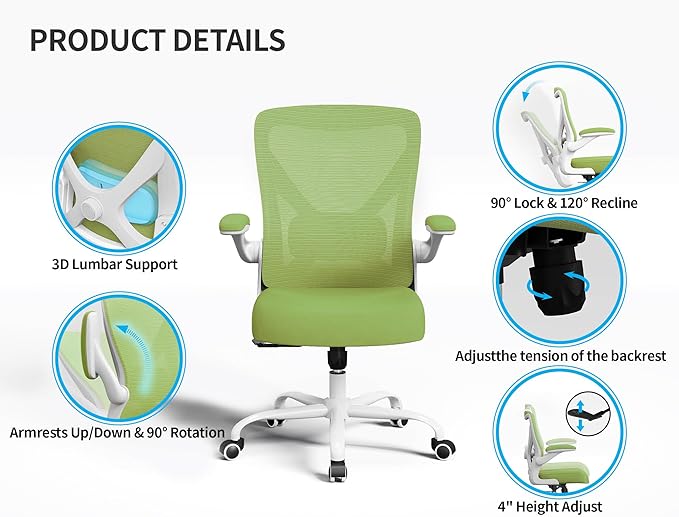 Office Chair Ergonomic Desk Chair Comfy: 330LBS Mesh Computer Chair Ergonomic Gaming Chairs with Wheels Adjustable Lumbar Support and Flip up Armrest-Swivel Executive Chairs Long Hours(Green)