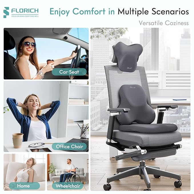 FLORICH Car Seat Cushion and Lumbar Support Pillow for Office Chair Car, Neck Headrest Pillow, Ergonomic Memory Foam, Pressure-Relieving Back Support for Car, Office Chair & Wheelchair – Gray