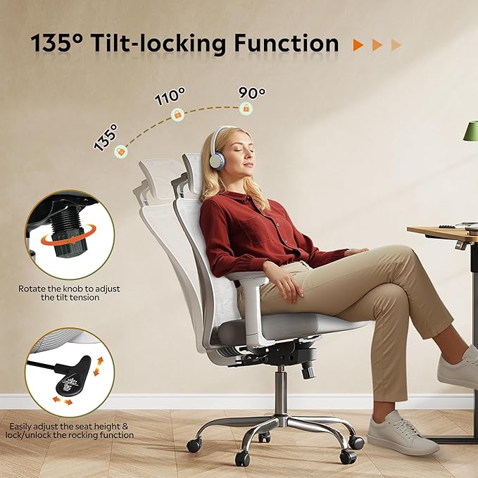 DEVAISE Ergonomic Mesh Office Chair with Adjustable 3D Headrest and Tilt Function, Big and Tall Reclining Comfy Home Computer Desk Chair with Lumbar Support and 3D Armrests, White