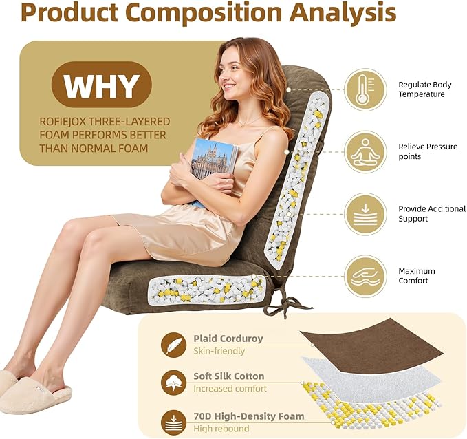 Rocking Chair Cushion - Chenille Fabric, High-Density Sponge, Durable Comfort Non-Slip Bottom Tufted Seat Pads with Ties, Chenille︱Brown, 44x19x4 inch