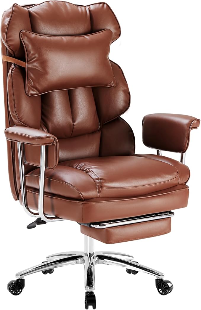 Sweetcrispy Executive Home Office Desk Chair - Ergonomic Big Tall High Back with Footrest & Lumbar Support, Reclining Height Adjustable, Comfy PU Leather Computer Gaming with Swivel Wheels, Brown