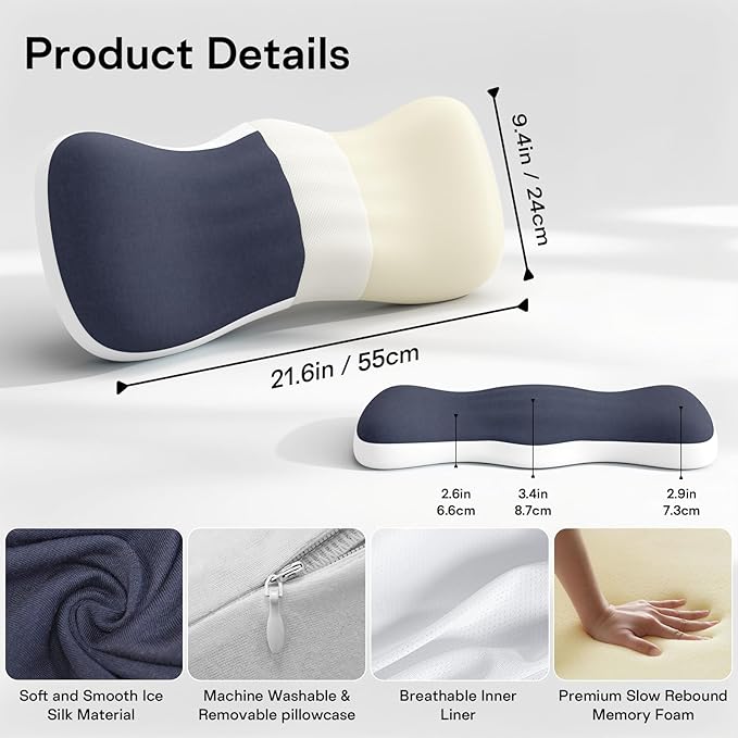 Lumbar Support Pillow for Bed, Memory Foam Pillow for Back Pain Relief, Lower Back Pain Relief Pillow for Sleeping, Adjustable Lumbar Pillow for Sleeping, Bed, Car, Couch (White - Navy Blue)