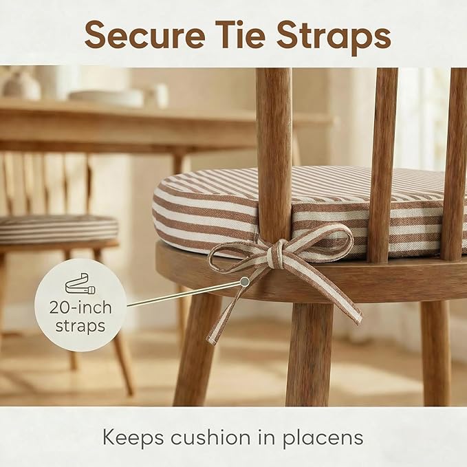 Brown Striped Winsor Chair Cushions with Ties, Dining Kitchen Chair Seat Pads Non Slip Removable Washable Cover 17"x16" Set of 4