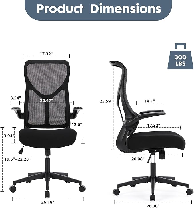 DUMOS Home Office Desk Chair - Ergonomic High Back Mesh Computer Chair with Comfy Flip-up Armrests, Adjustable Height Swivel Task Chair with Wheels, Comfortable Lumbar Support, for Adults, Black