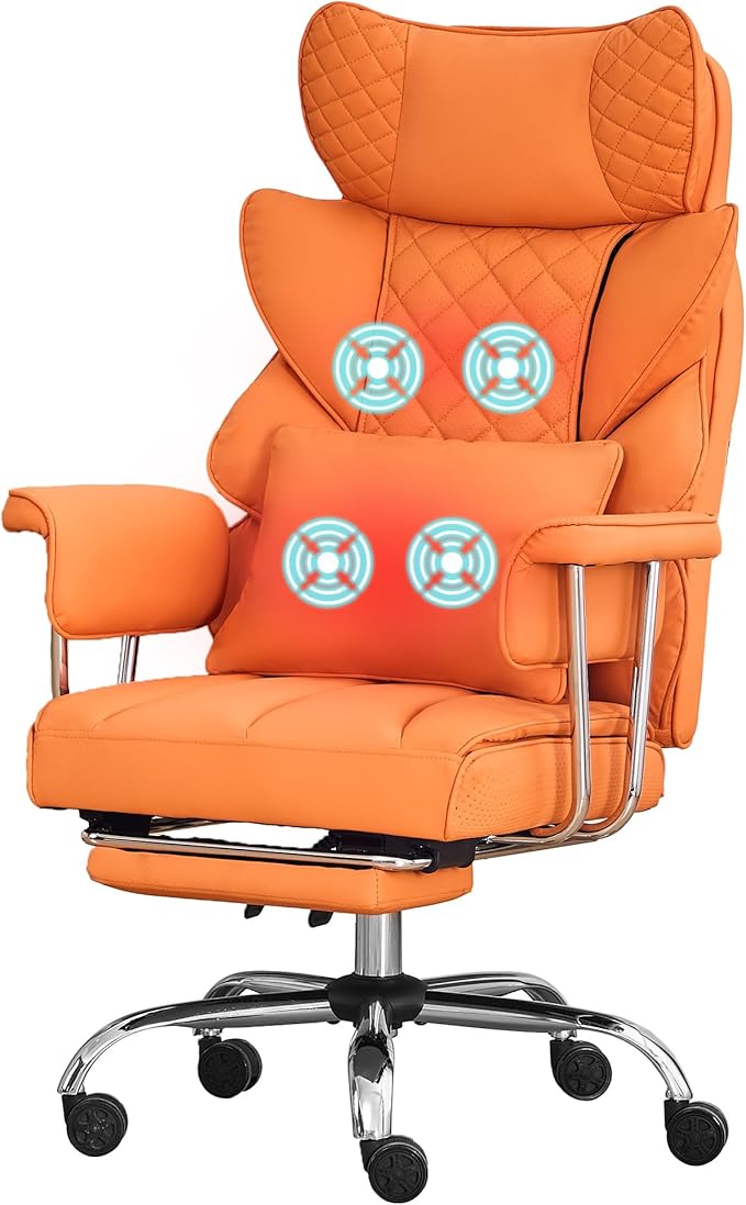 DYHOME 500 Lbs Kneading Massage Office Chair with Foot Rest, Ergonomic Reclining Home Computer Chair, High Back Thick Cushion Big & Tall Office Chair, Comfy Leather Heavy Duty Executive Chair, Orange