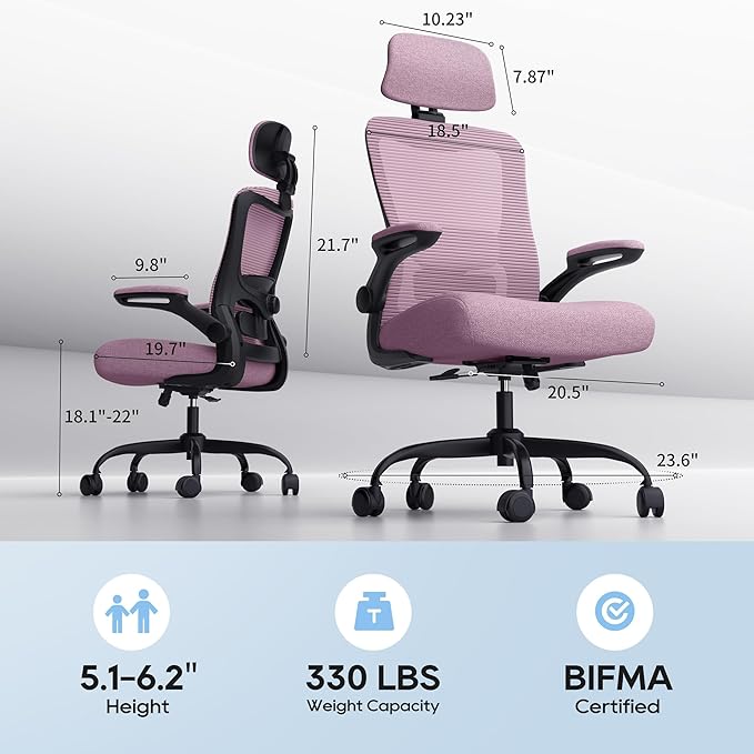 Office Chair, Ergonomic Mesh Desk Chair with Adjustable Lumbar Support and Headrest, Flip-up Armrests, High Back Computer Task Chair for Home and Executive Office (B-LPurple)