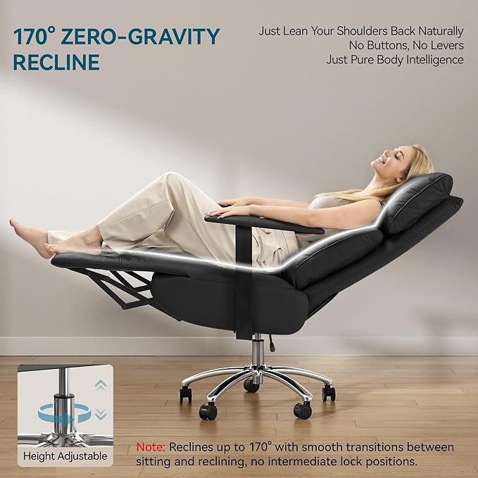 OKUP Reclining Office Chair with Adjustable Headrest and Footrest, 170° Comfortable Leather Zero Gravity Office Chair, Ergonomic Executive Home Office Desk Chair (Black)