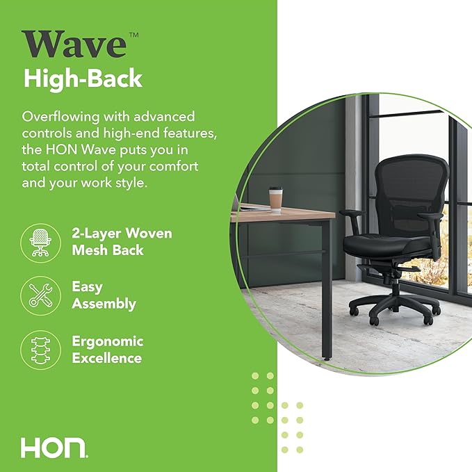 HON Wave High Back Ergonomic Office Chair with Leather Seat and Breathable Mesh Back, Adjustable Arms, Synchro‑Tilt Recline and Swivel Wheels for Desk and Computer Use, Black