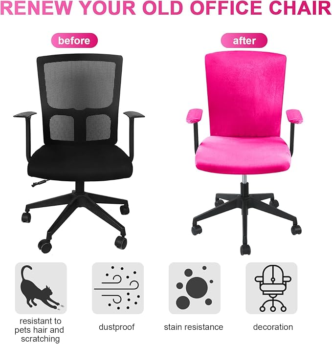 Tallew 4 Pcs Office Chair Covers Set Computer Universal Protective Stretchable Chair Seat Covers Desk Armrest Slipcovers Pads Office Cushion Backrest for Rotating(Rose Red)