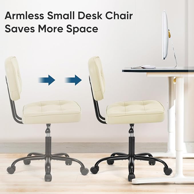 DUMOS Home Office Desk Chair - Ergonomic Armless PU Leather Computer Rolling Task Chair，with Comfy Lumbar Support and Height Adjustable, Vanity, Bedroom, Living Room, Beige