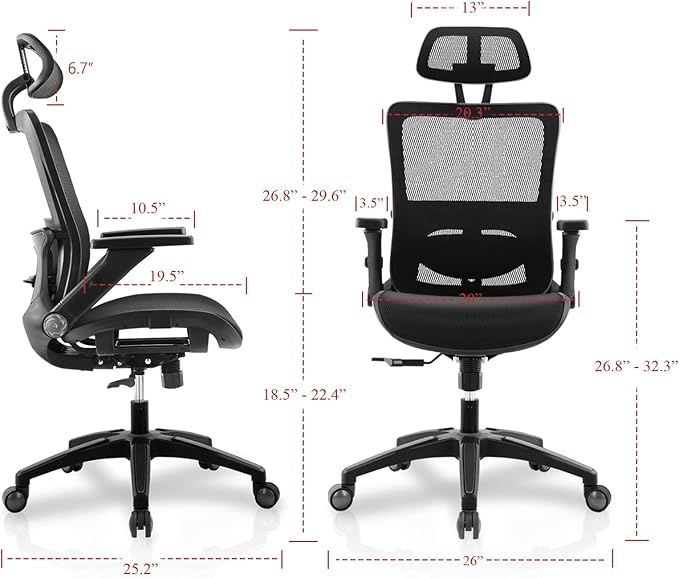Office Chair Ergonomic Mesh Chair High Back Computer Desk Chair with 3D Armrest Adjustable Lumbar Support and Headrest Receling Chair, Black