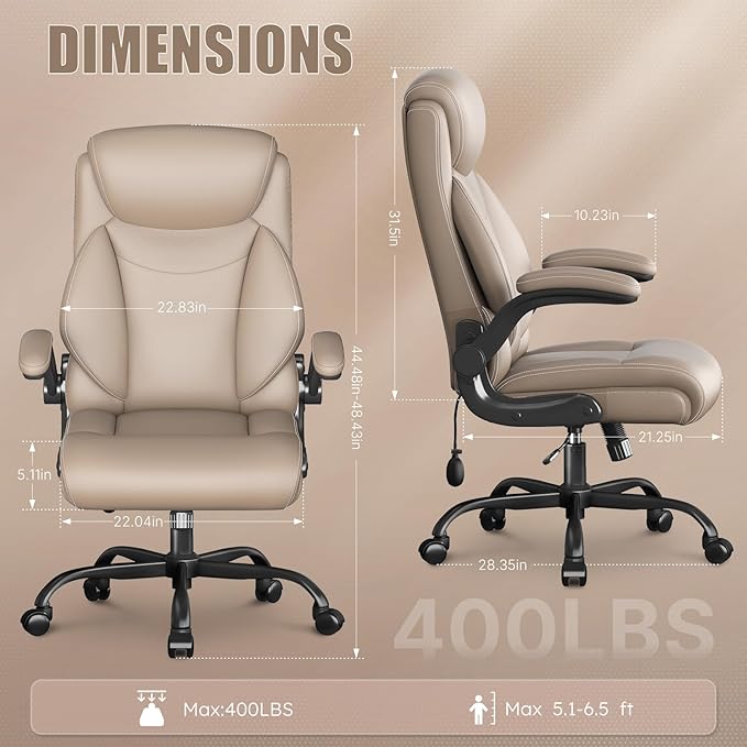 Ergonomic Office Chair, Home Desk Computer Chair, High Back Executive Chair，Padded Leather Ergonomic Computer Desk Chair with Inflatable Lumbar Support & Flip-Up Arms, Swivel Chair,Beige