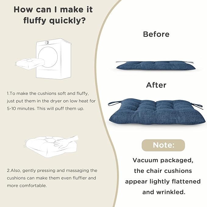 AddGrace Rocking Chair Cushions Indoor Tufted Cushions for Rocking Chairs with Ties Comfortable Textured Fabric Set of Seat & Back Cushion 21x17/17x17 Navy