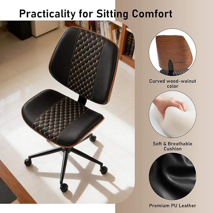 Modern Walnut Home Office Chair with Wheels, Executive Office Desk Chair No Arms, Adjustable Height Small Desk Chair, Comfy PU, Deeper Cushion, Mid Back 360 Swivel Computer Chair, Black-Embroidery
