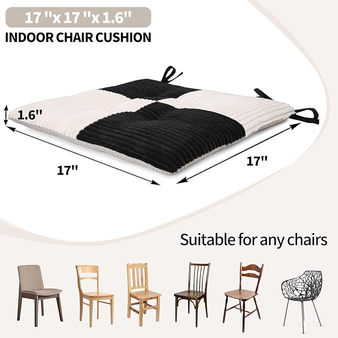 Office Stacking Chair Cushion with Ties, Corduroy High Density Foam Non-Slip Kitchen Seat Cushion, Square 17" x 17" Indoor Dining Chair Pads, Black+ White, 1 PCS