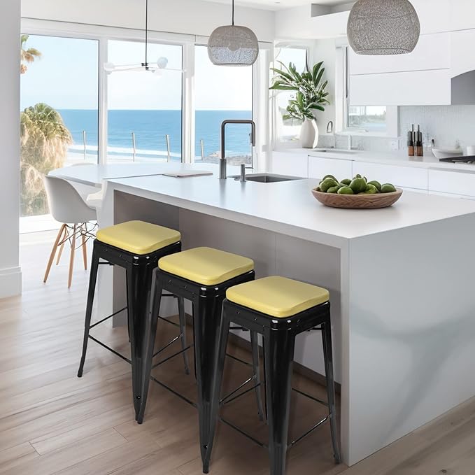 SINOSSO Modern Faux Leather Bar Stool Cushions 4 Pack, Leathaire Magnetic Small Chair Pads for Cafe Bistro Stackable Metal Stools (Square, Yellow, 4)