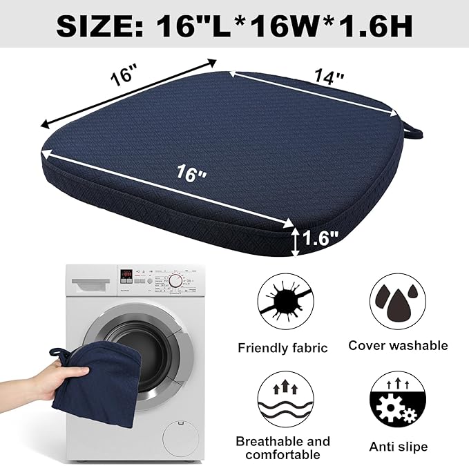 BUYUE Luxury Memory Foam Chair Cushions 6 Pack, Jacquard 16" U-Shape Comfortable Dining Chair Pads, Removable Slip Resistant Kitchen Chair Seat Cushions (Set of 6, Navy Blue)