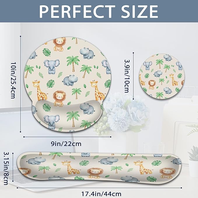Cute Animals Ergonomic Keyboard and Mouse Wrist Rest Set, Lions Giraffes Elephants Mouse Pad with Non Slip Base, Soft Cloth Surface for Office and Home Typing Support